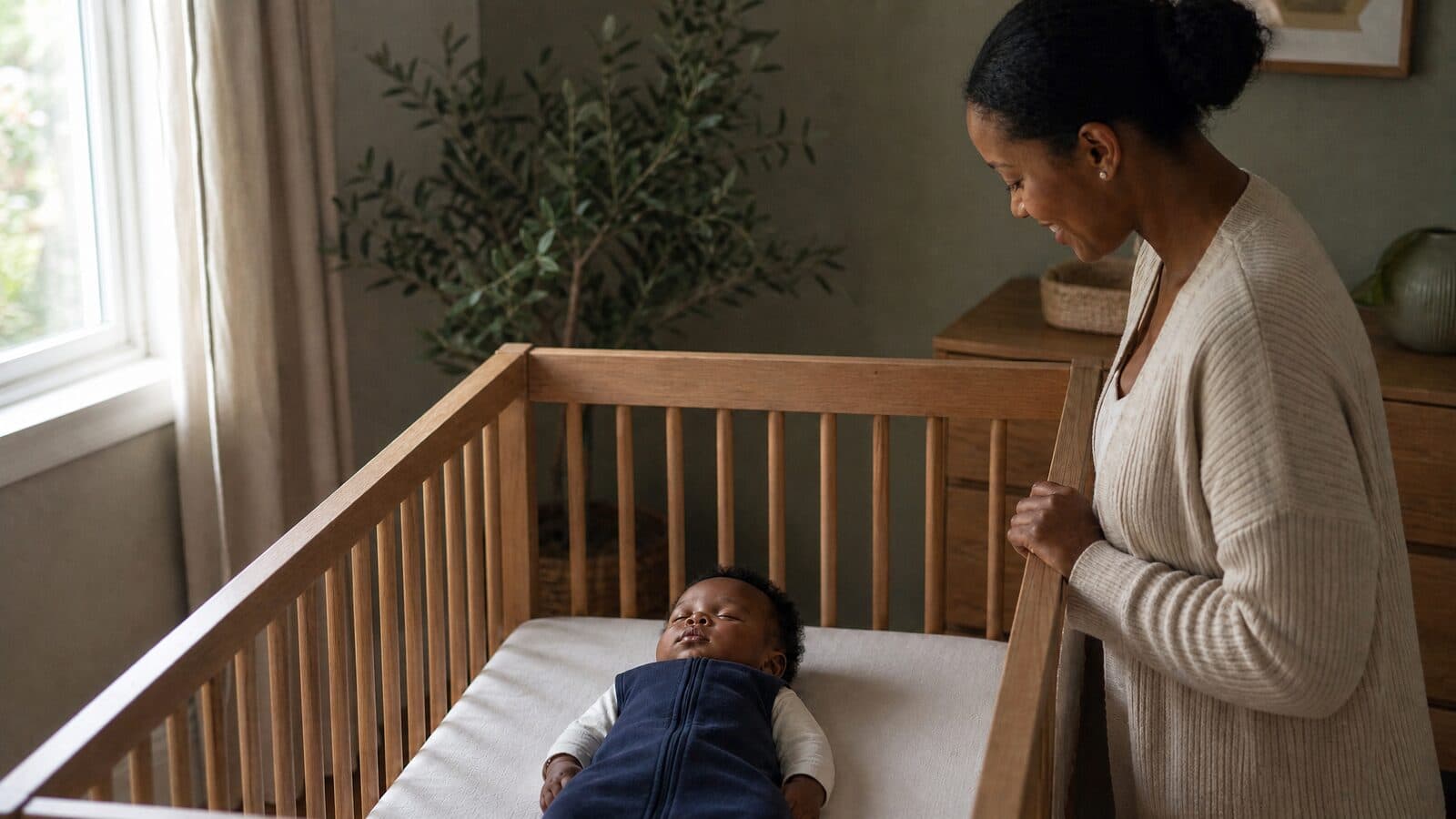 An empty crib set up to AAP safe-sleep standards. Safe sleep illustration
