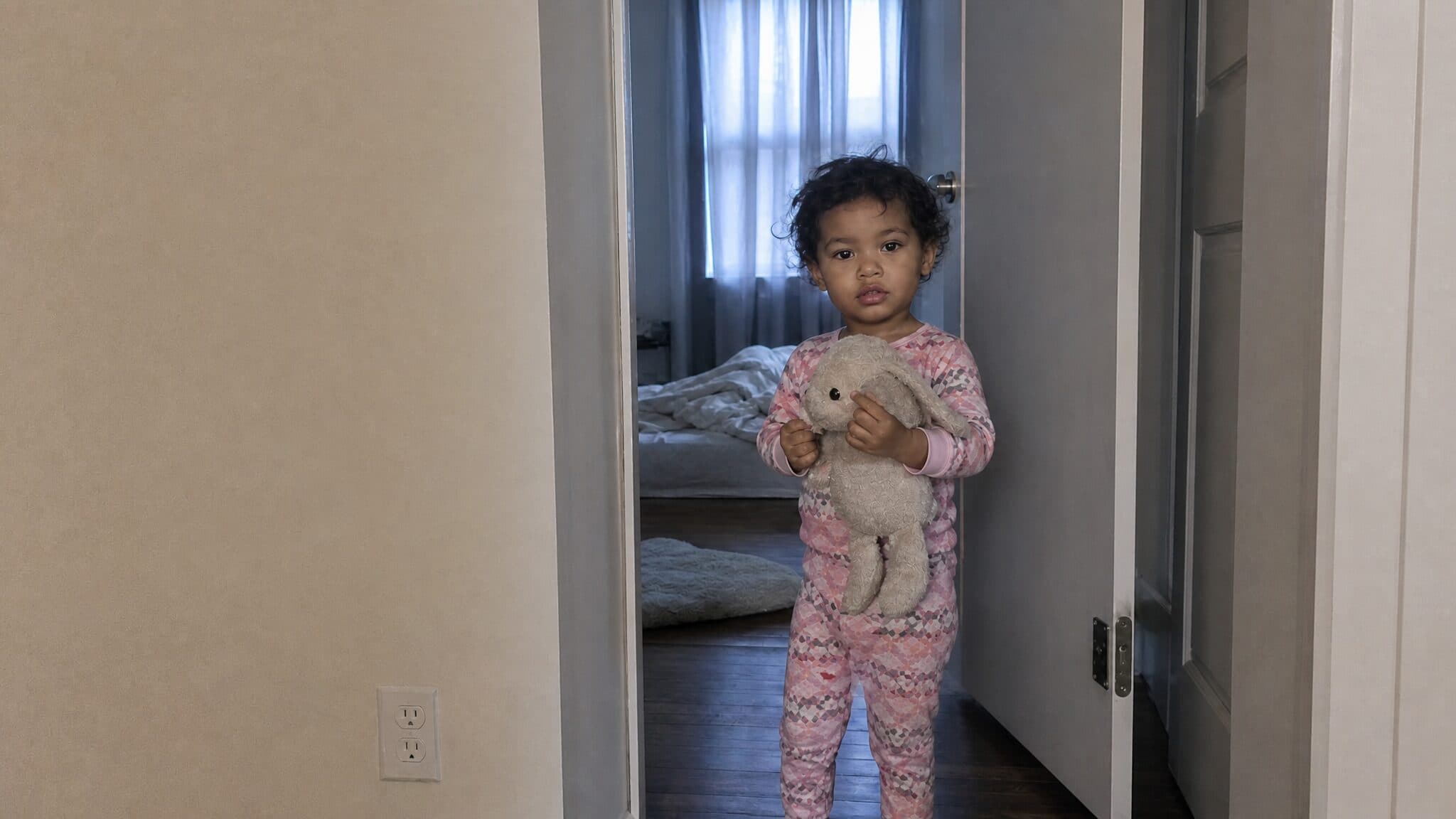 A toddler in pajamas at the bedroom doorway in early-morning light