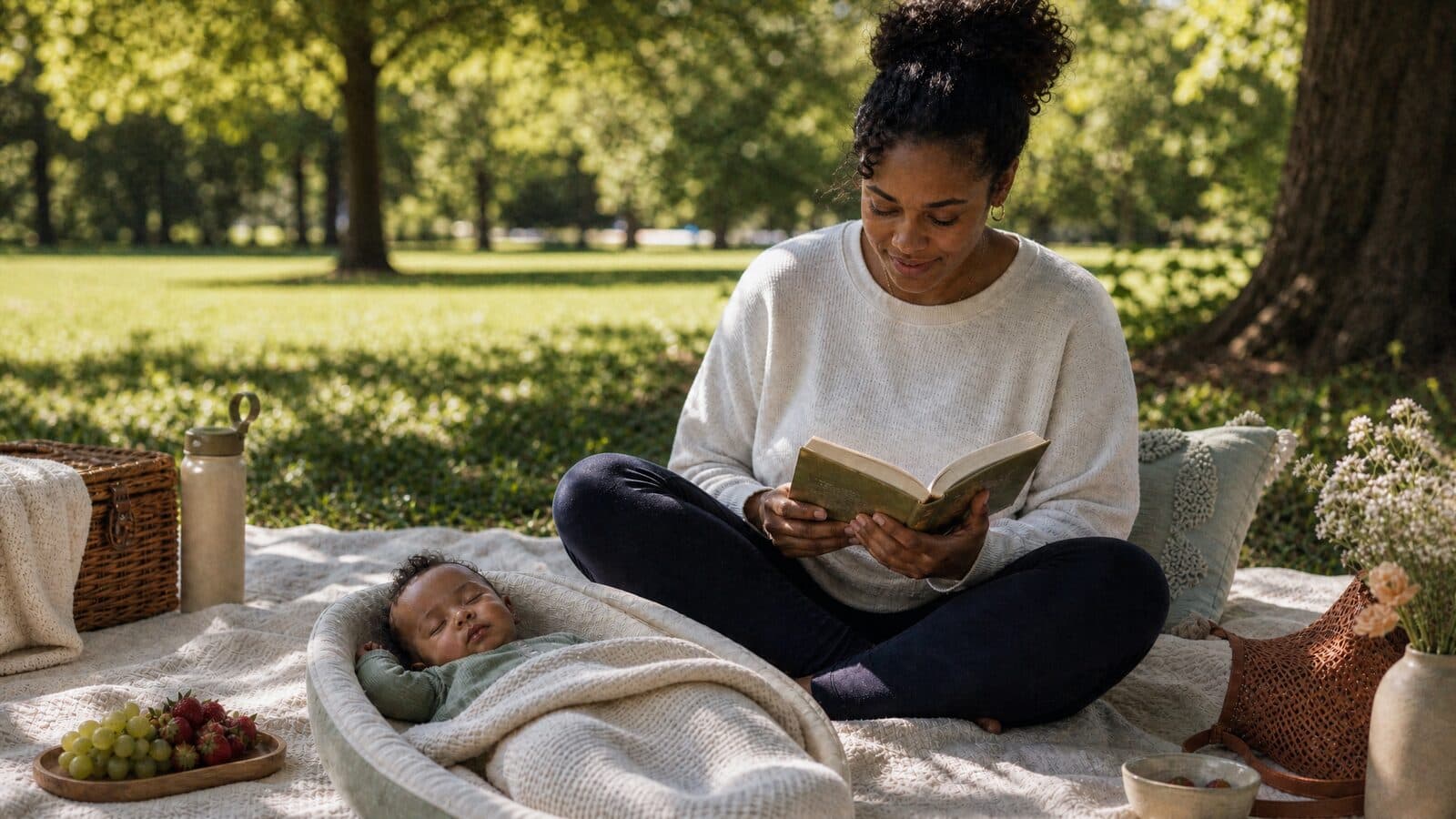 A baby and parent watching the clock. Wake window timing illustration